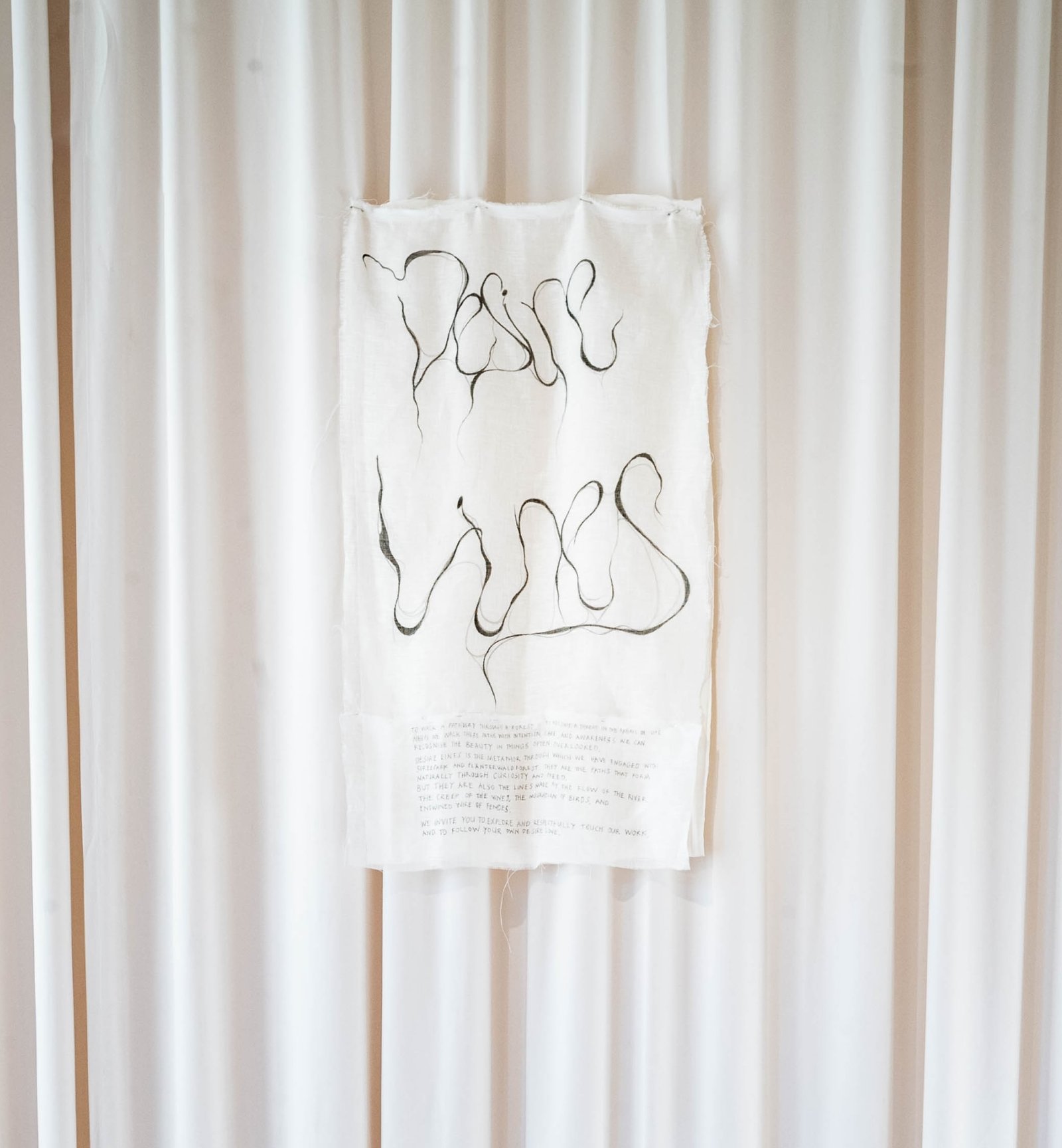 A hand-lettered fabric banner reading Desire Lines hanging against a curtain