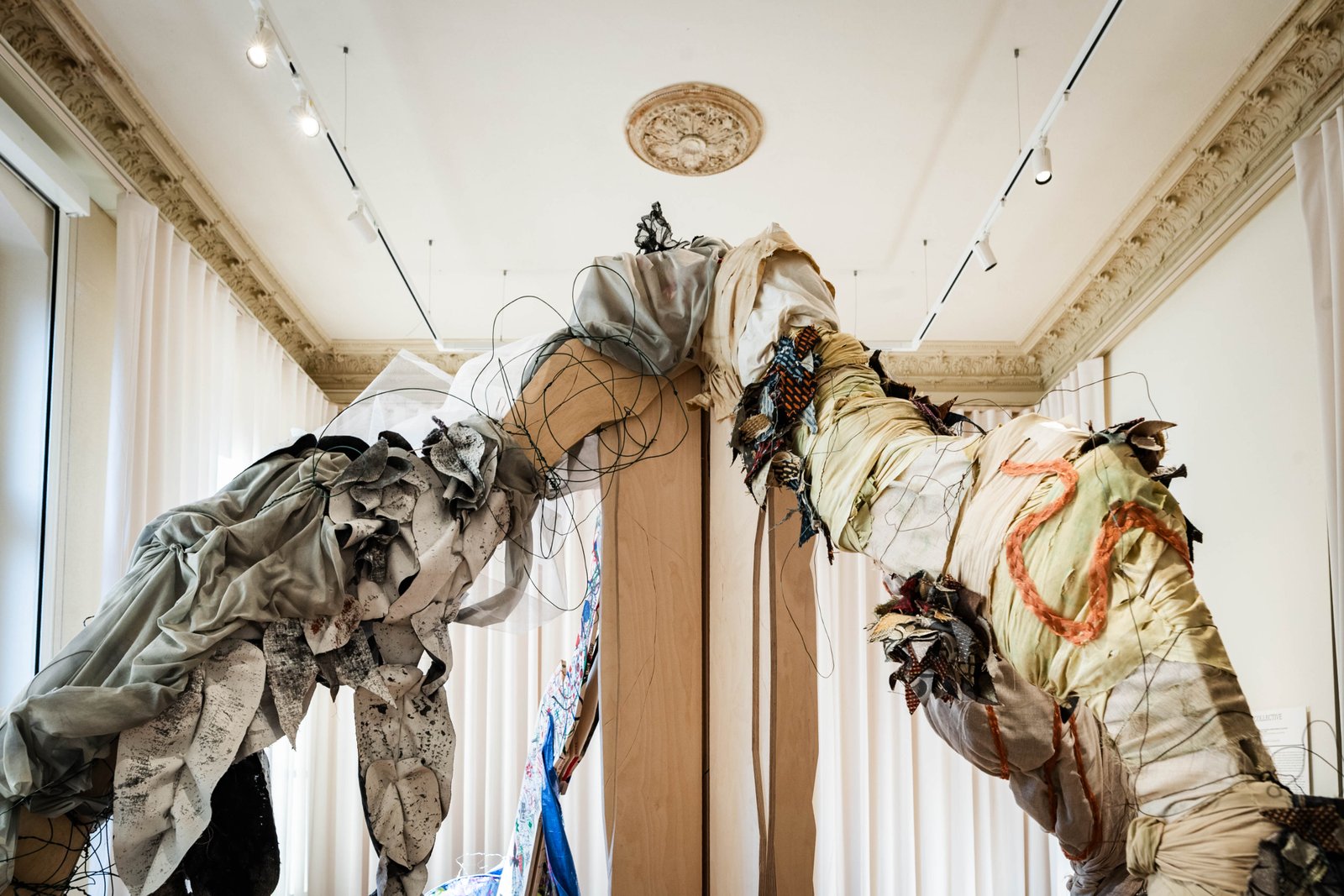 The sculpture installed in a gallery room, arching between two columns